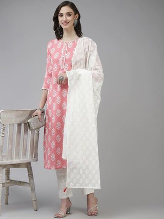 Cotton Pink & White Motif Print Suit Set with Dupatta