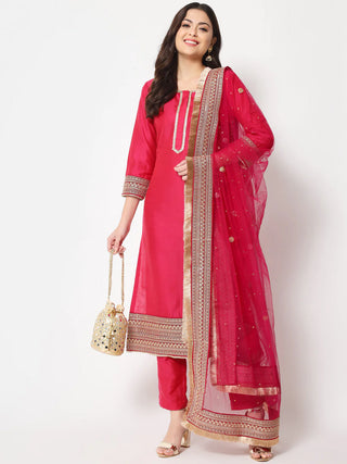 Pink Cotton Silk Embroidered Bridal wear Suit Set with Net Dupatta