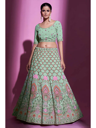 Pista Green Soft Net Floral Embroidered Lehenga Choli Set with Dupatta