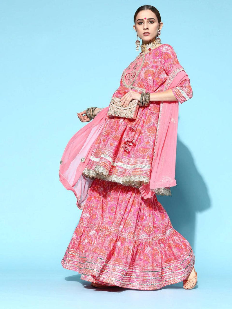 Pink Printed Sharara Suit Set with Dupatta - Ria Fashions