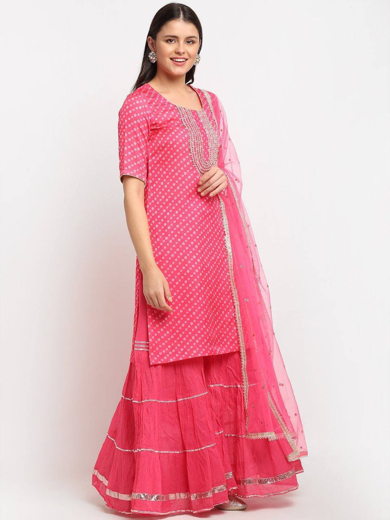 Pink Bandhani Sharara Suit Set with Dupatta - Ria Fashions