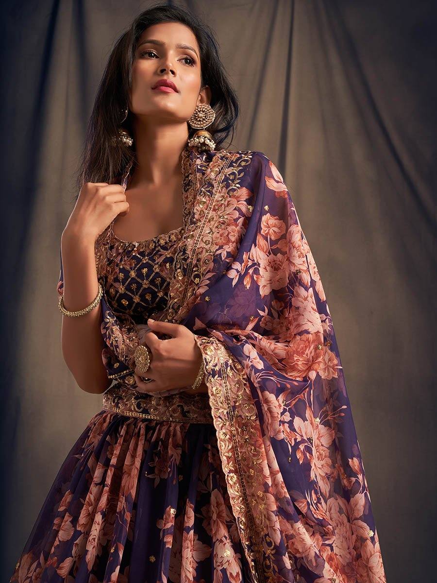 Purple Floral Embroidered Lehenga Set