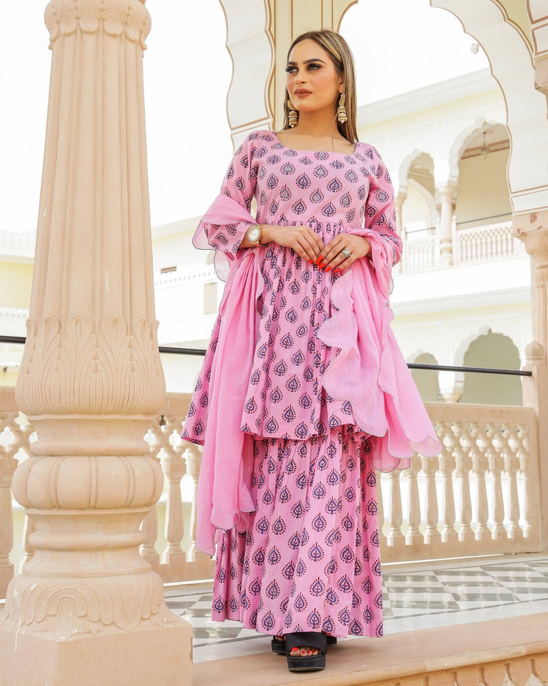 Cotton Pink Printed Sharara Suit Set - Ria Fashions