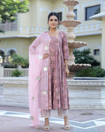 Cotton Purple & Peach Hand Block Print Anarkali Kurta Set - Ria Fashions