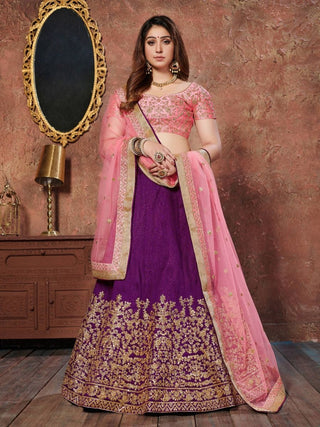 Purple & Pink Silk Embroidered, Zari & Sequin Detailing Lehenga Choli Set with Net Dupatta