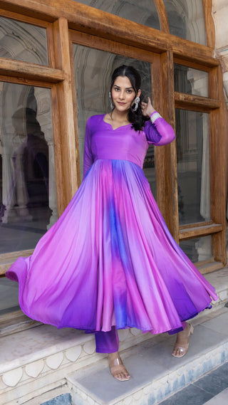 Muslin Solid Purple Anarkali Set with Chiffon Dupatta