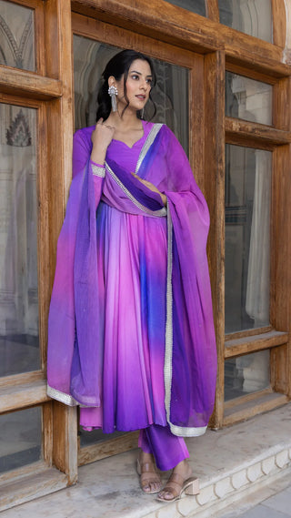 Muslin Solid Purple Anarkali Set with Chiffon Dupatta