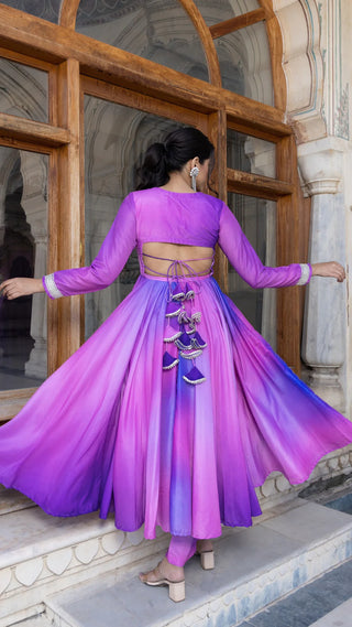 Muslin Solid Purple Anarkali Set with Chiffon Dupatta