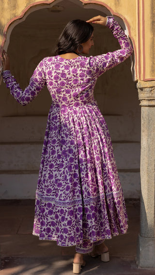 Purple Cotton Printed Anarkali Suit Set with Organza Dupatta