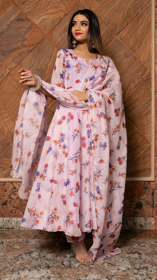 Light Purple Organza Printed Anarkali Suit Set - Ria Fashions