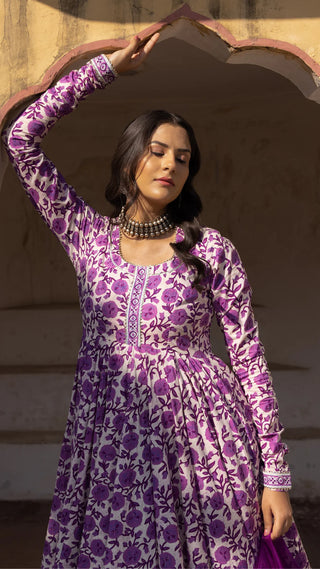 Purple Cotton Printed Anarkali Suit Set with Organza Dupatta