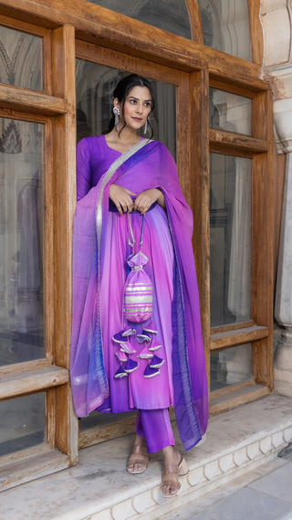 Muslin Solid Purple Anarkali Set with Chiffon Dupatta