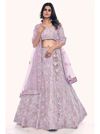 Purple Soft Net Floral Embroidered Designer Lehenga Choli Set with Soft Net Dupatta
