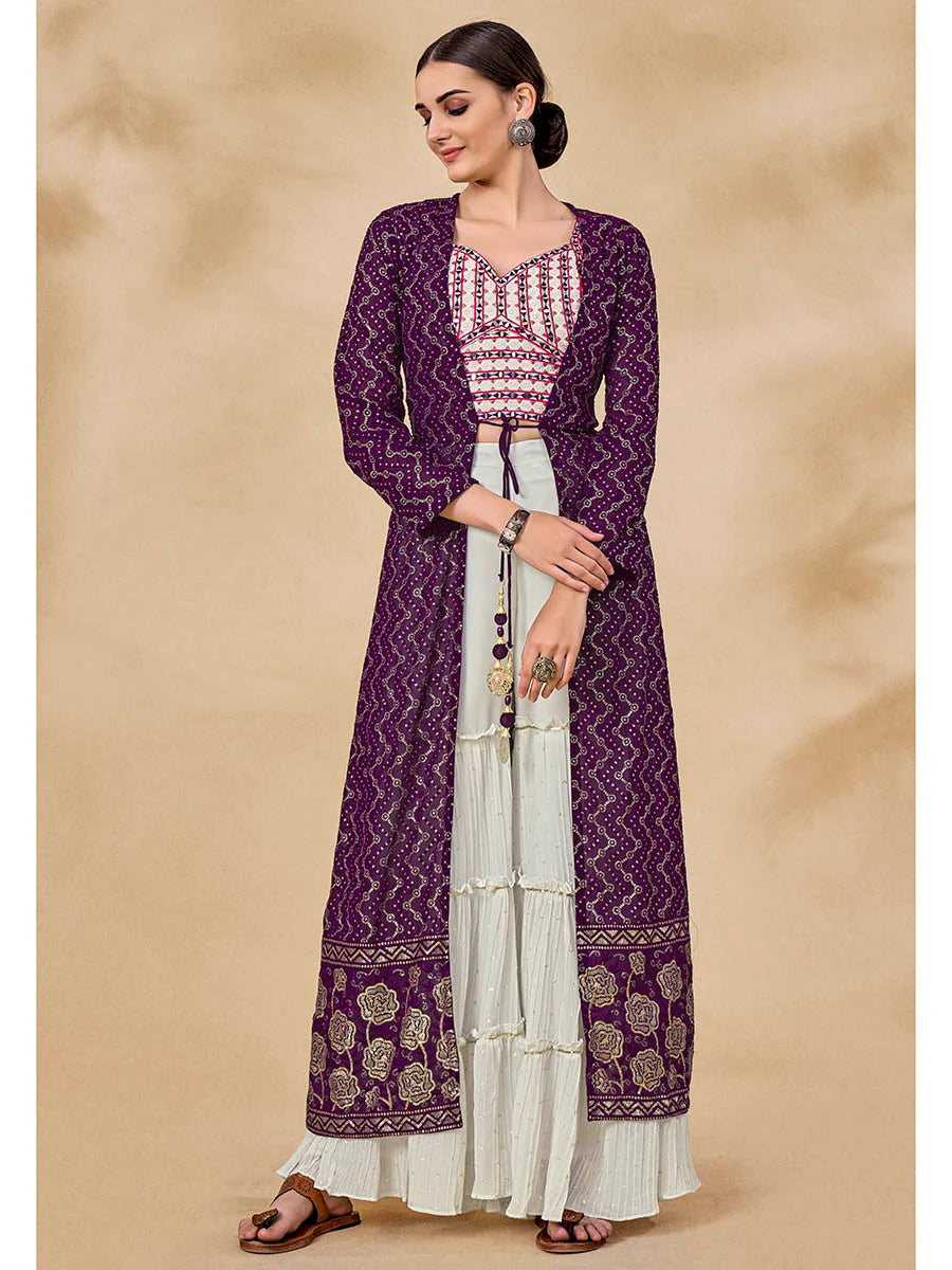 Purple & White Georgette Gold Embroidered Jacket Style Sharara Set