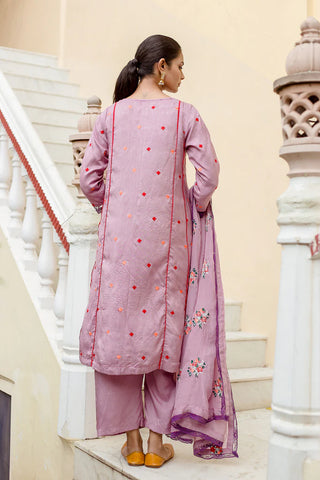 Raw Silk Embroidered Suit Set with Organza Dupatta
