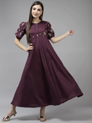 Purple Poly Rayon Dobby Solid Style Dress