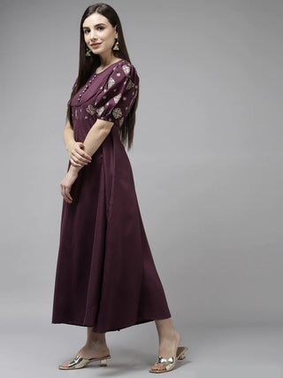 Purple Poly Rayon Dobby Solid Style Dress