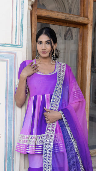 Ombre Purple Muslin Lace Detailing Sharara Set with Chiffon Dupatta