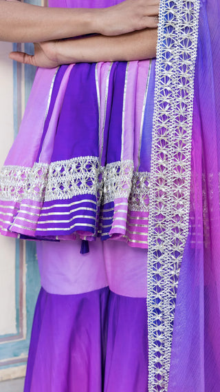 Ombre Purple Muslin Lace Detailing Sharara Set with Chiffon Dupatta