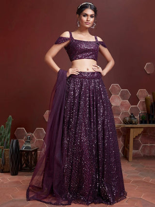 Purple Net Silk Sequins Embroidered Lehenga Choli Set with Dupatta