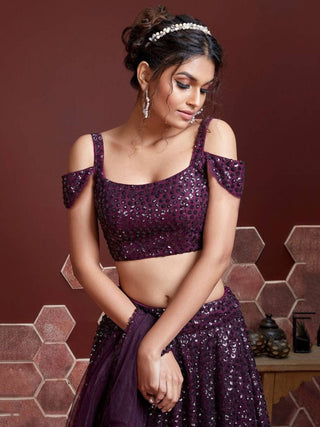 Purple Net Silk Sequins Embroidered Lehenga Choli Set with Dupatta