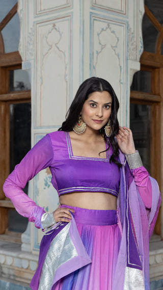 Solid Muslin Purple Lace Detailing Lehenga Set with Dupatta