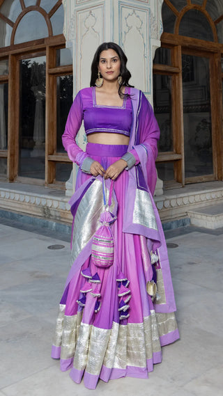 Solid Muslin Purple Lace Detailing Lehenga Set with Dupatta