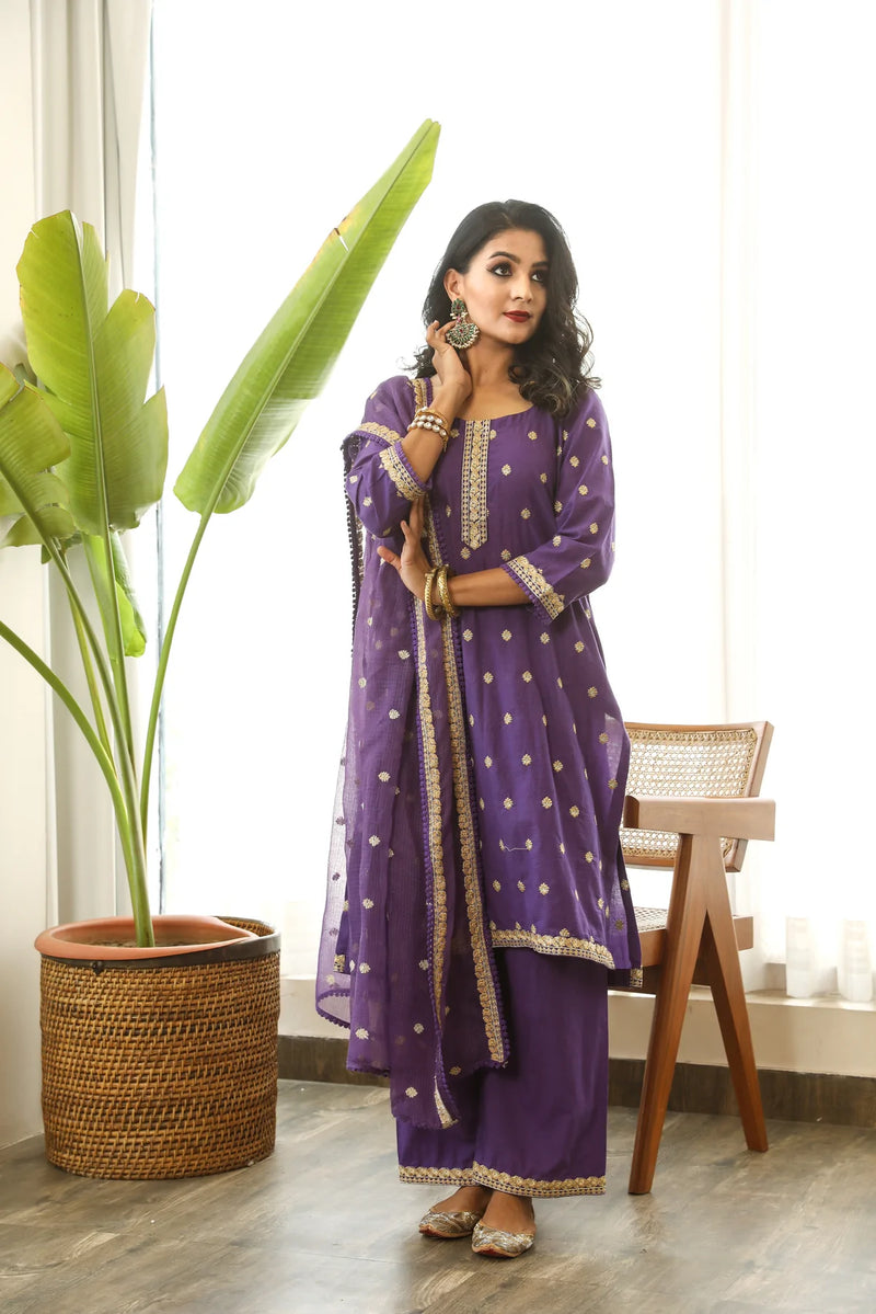 Cotton Purple Floral Embroidered Suit Set with Cotton Doriya Dupatta
