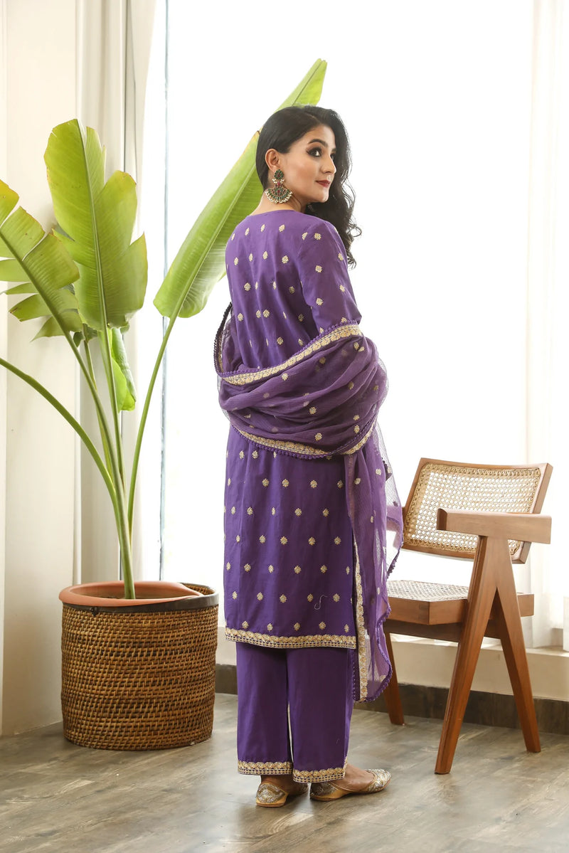 Cotton Purple Floral Embroidered Suit Set with Cotton Doriya Dupatta