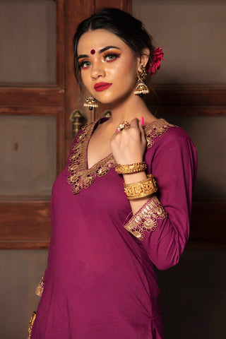 Cotton Purple Solid Straight Cut Suit Set - Ria Fashions