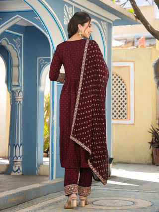 Maroon Rayon Embroidered Nyra cut Suit Set with Chiffon Dupatta