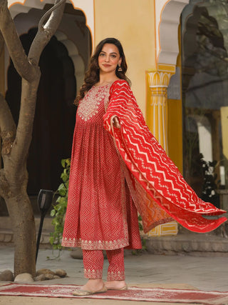 Red Rayon Printed & Embroidered Nyra Cut Suit Set with Chiffon Dupatta