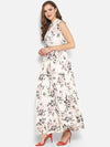 Rayon White Floral Print Sleeveless Gown/Dress