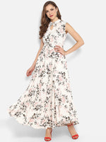 Rayon White Floral Print Sleeveless Gown/Dress