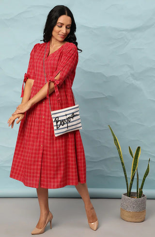 Red Cotton Checks Print Dress - Ria Fashions