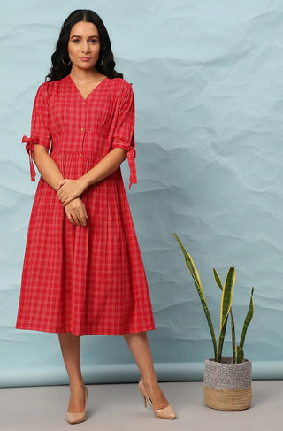 Red Cotton Checks Print Dress - Ria Fashions