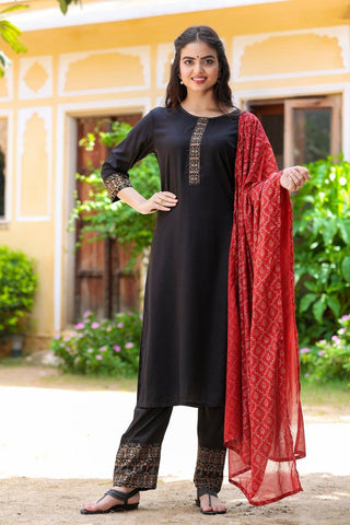 Black Suit Set with Red Printed Dupatta - Ria Fashions