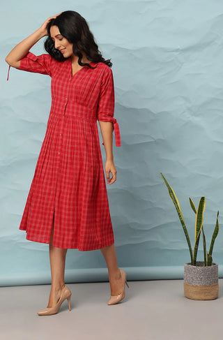 Red Cotton Checks Print Dress - Ria Fashions