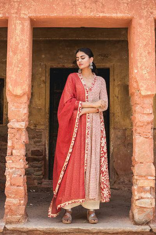Red Cotton Kalidar Anarkali Suit Set with Doriya Dupatta - Ria Fashions