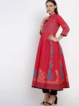 Red Hand Block Print Anarkali Style Kurta - Ria Fashions