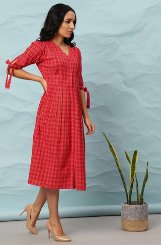 Red Cotton Checks Print Dress - Ria Fashions