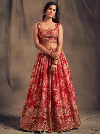 Rose Red Floral Embroidered Lehenga Set - Ria Fashions