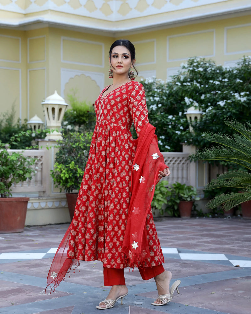 Cotton Red Hand Block Print Anarkali Kurta Set - Ria Fashions