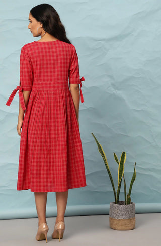 Red Cotton Checks Print Dress - Ria Fashions