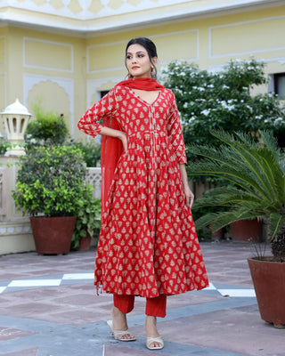 Cotton Red Hand Block Print Anarkali Kurta Set - Ria Fashions