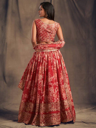 Rose Red Floral Embroidered Lehenga Set - Ria Fashions