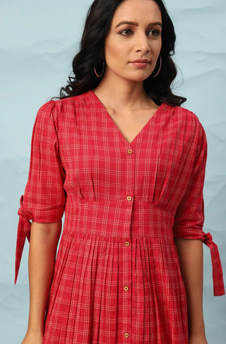 Red Cotton Checks Print Dress - Ria Fashions