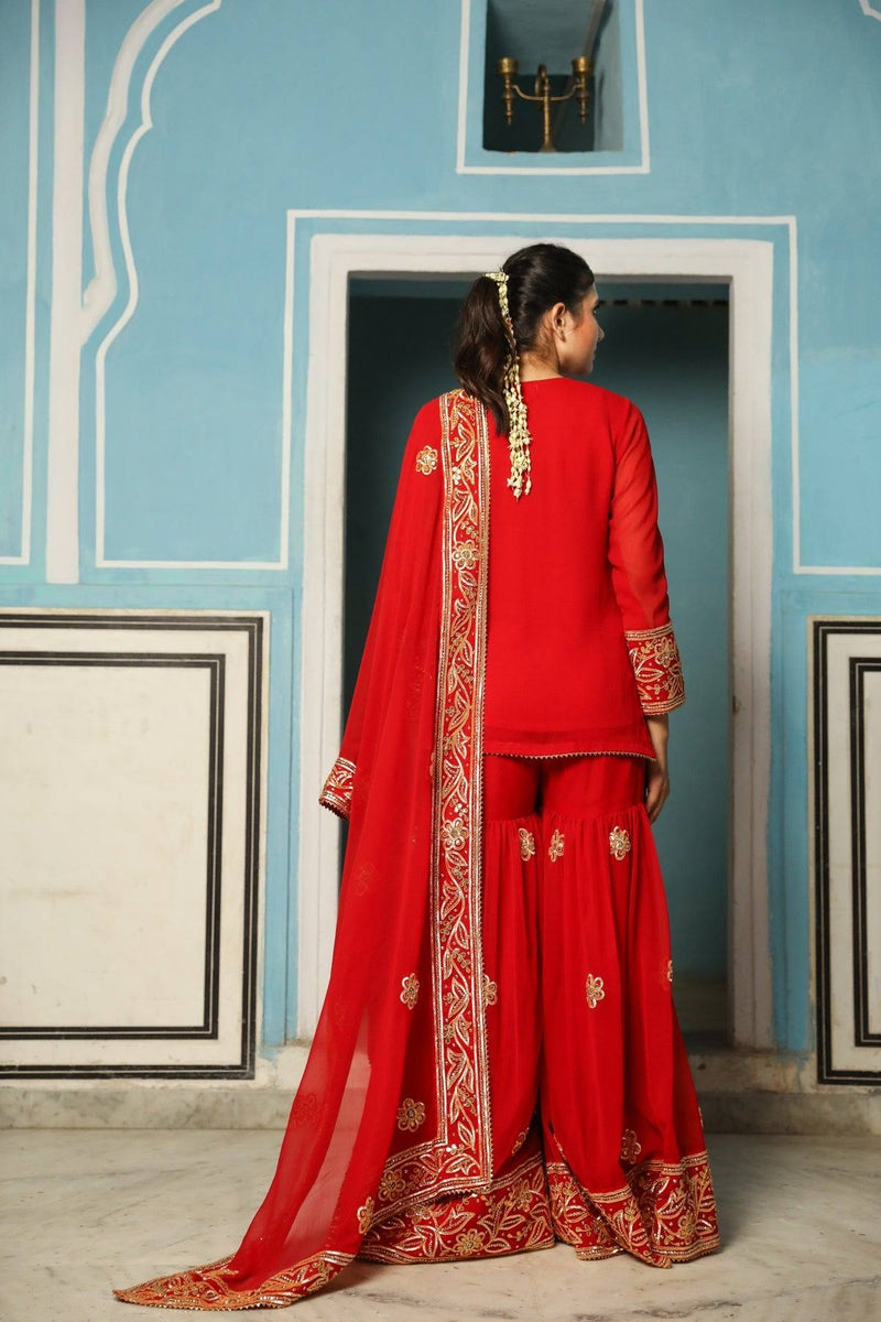 Georgette Red Sharara Suit Set - Ria Fashions