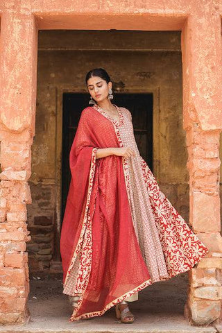 Red Cotton Kalidar Anarkali Suit Set with Doriya Dupatta - Ria Fashions
