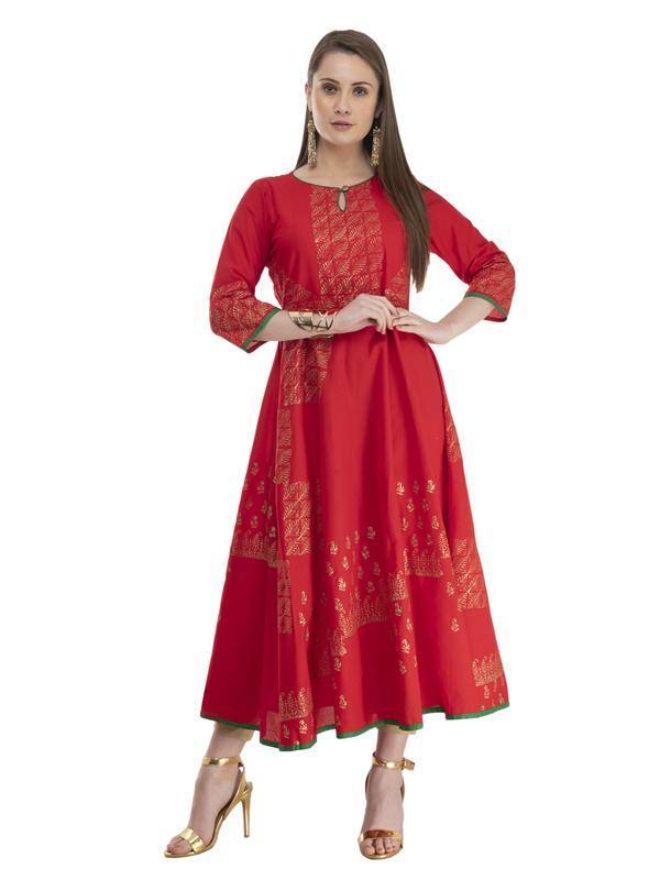 Red Anarkali Style Printed Kurta - Ria Fashions